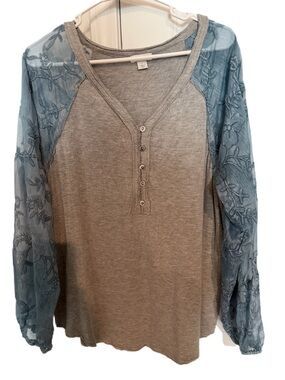 Sundance Gray Henley with Blue Floral Lace Sleeves